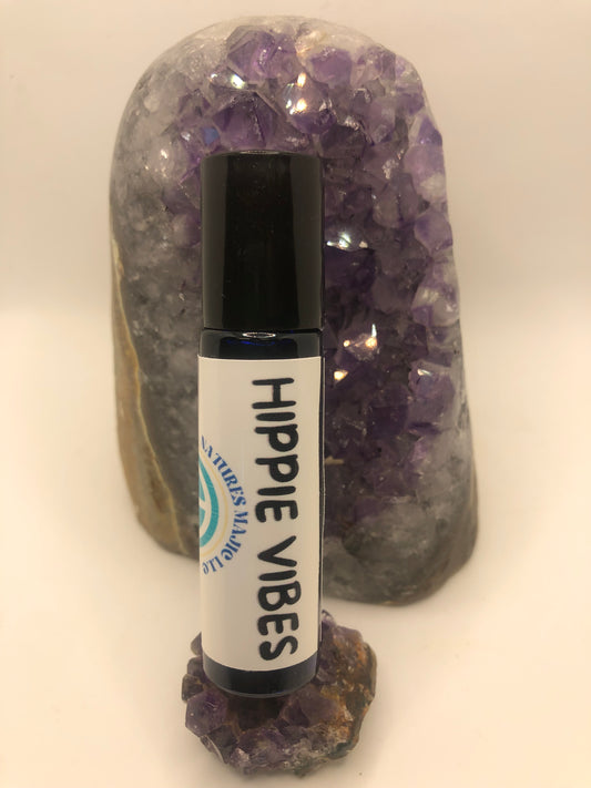 Front View picture of Hippie Vibes Essential Oil Roller with a Amethyst Crystal