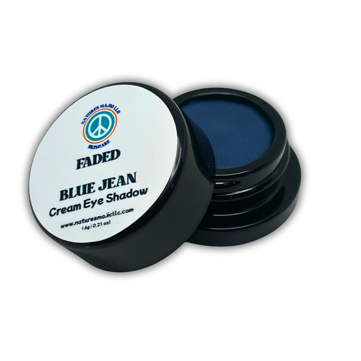 Faded Blue Jean cream eyeshadow in black jar with rich midnight denim color and smooth satin-matte finish