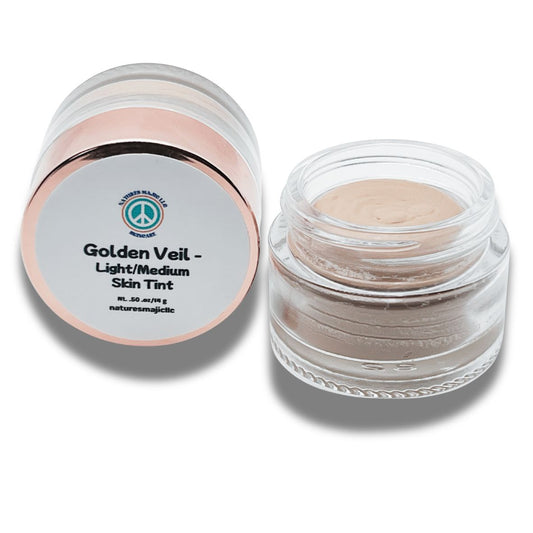 Golden Veil Sheer Skin Tint jar with light/medium no-makeup glow for natural skin finish