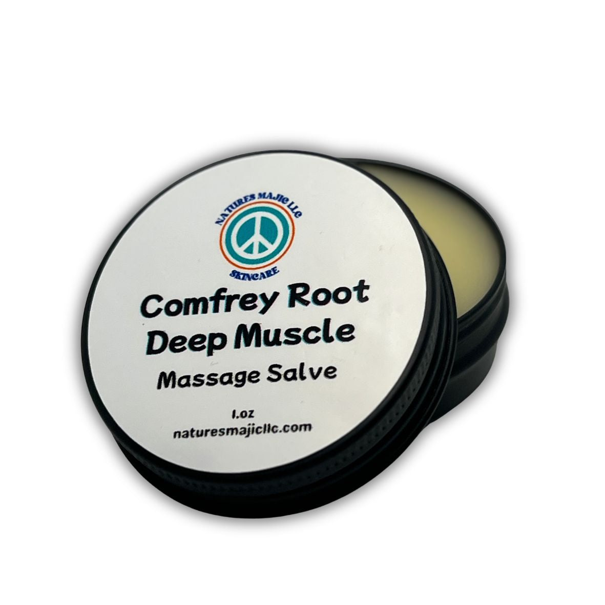 Comfrey Root Deep Muscle Massage Salve tin with herbal ingredients for muscle relief and skin recovery