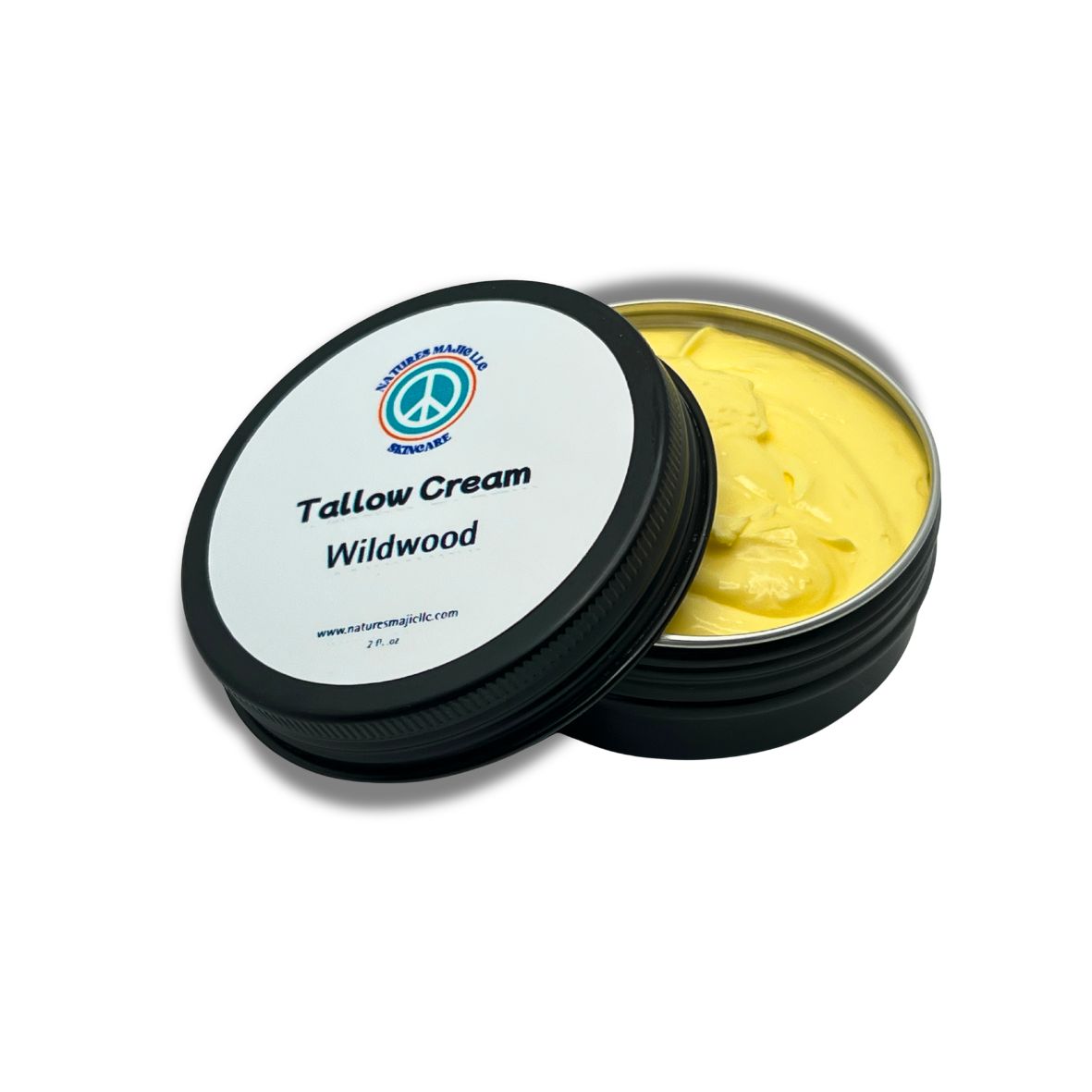 Wildwood Tallow Cream black tin jar with 100% grass-fed tallow moisturizer for dry skin and natural botanicals