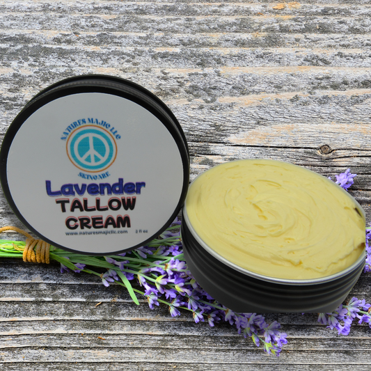Lavender Tallow Cream in black container with cream and lavender sprigs on wooden surface for sensitive skin care