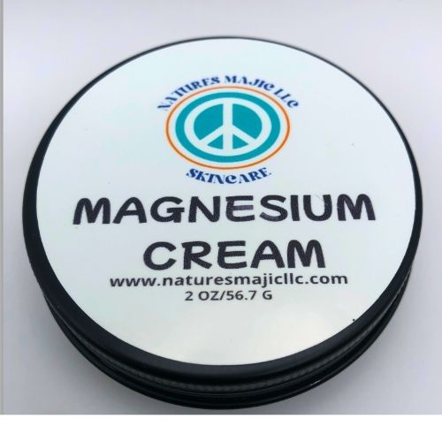 Natural magnesium cream for muscle comfort and restful sleep in a 2 oz container from Natures Majic LLC