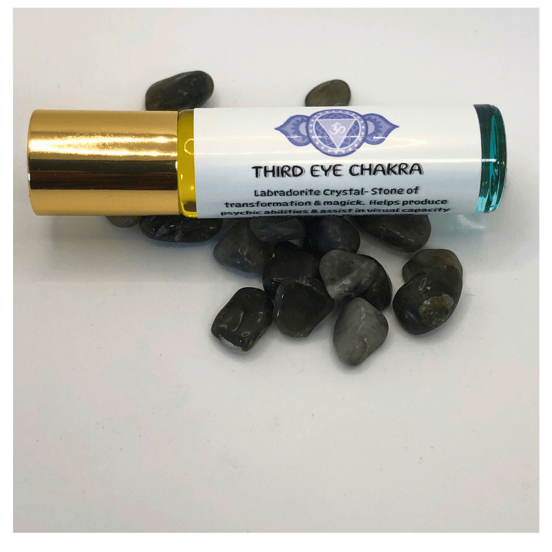 Third Eye Chakra Roller with Labradorite and essential oils for intuition and clarity.