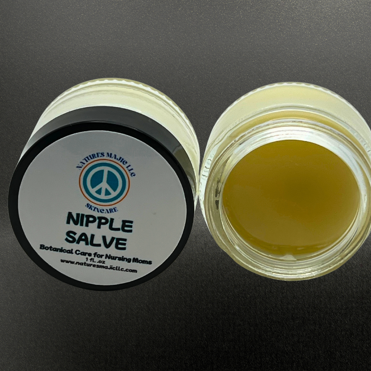Botanical nipple salve for nursing moms in 1 oz glass jar with plant-based moisturizing ingredients