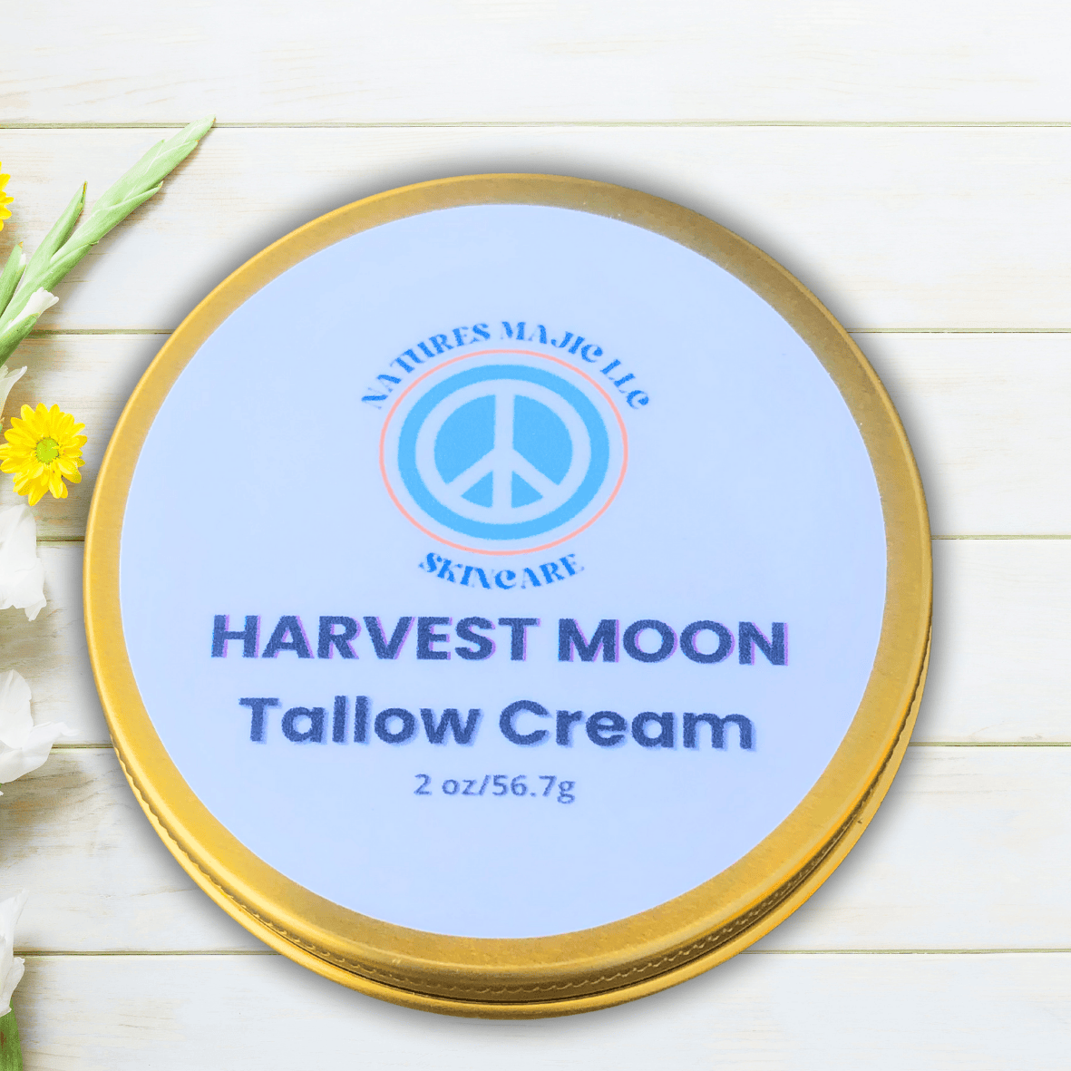 Harvest Moon Tallow Cream tin with gold lid for intensive moisture and dry skin care.