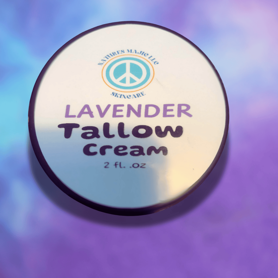 Lavender Tallow Cream container on a purple background, 2 fl. oz size.