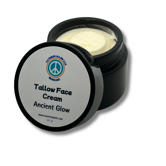 Ancient Glow Face Cream jar with rose, argan, and frankincense ingredients in reusable black glass packaging