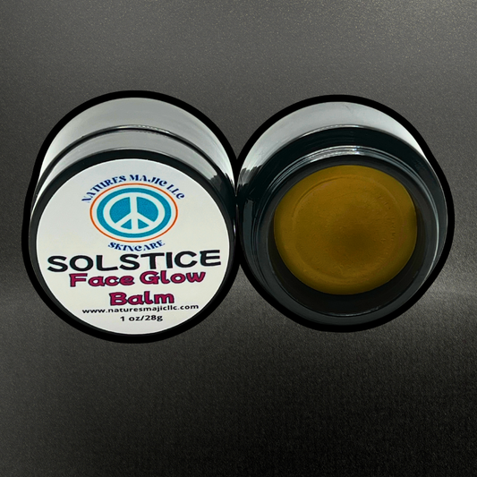 Solstice Face Glow Balm in black glass jar, deeply nourishing water-free balm for dry, sensitive skin with cupuacu butter and moringa oil.