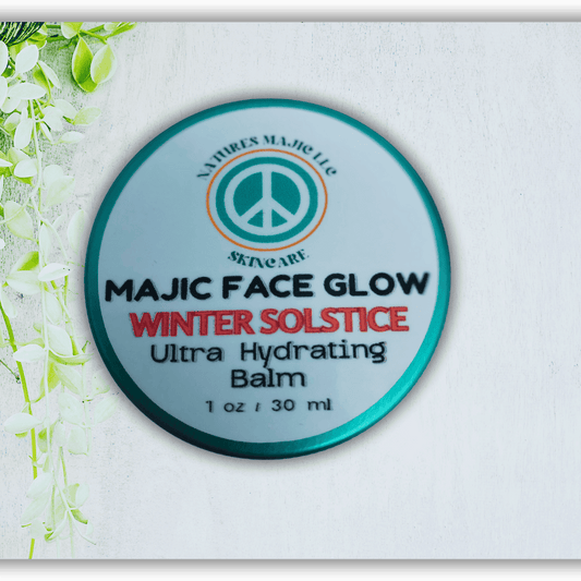 Winter Solstice Majic Glow Face Balm in lake blue tin with botanical infusion for dry, sensitive skin.