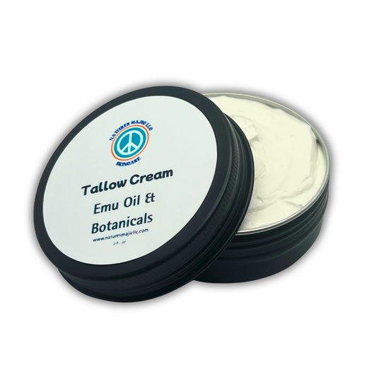 Black tin of Tallow Cream with Emu Oil and botanicals for deep skin renewal and hydration