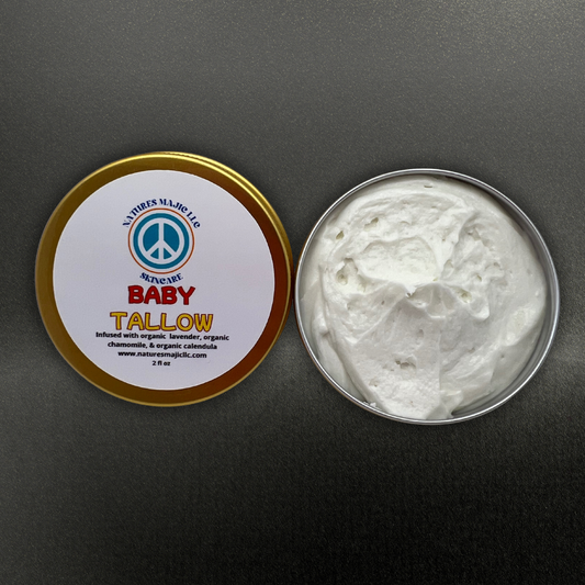 Baby Tallow for Everyday Skin Care in gold tin with organic botanical infusion cream for gentle baby moisturizing