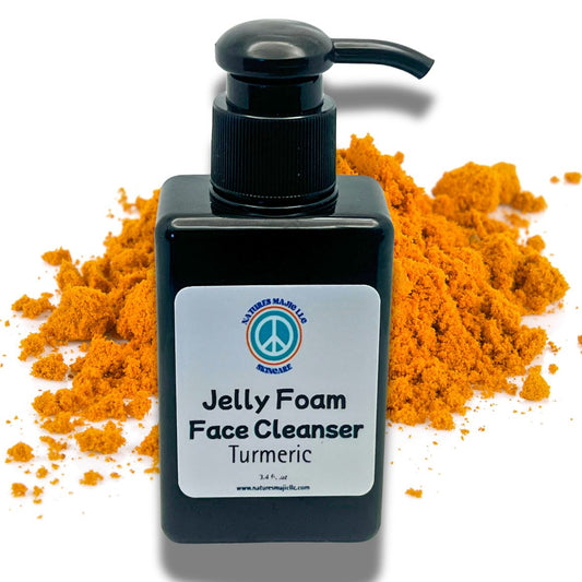 Turmeric Jelly Face Cleanser in black pump bottle with turmeric and botanical ingredients for gentle skin glow
