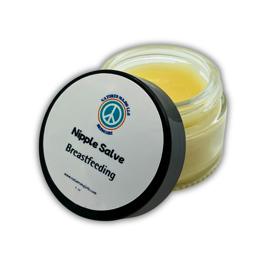 Glass jar of Botanical Nipple Salve for nursing moms with plant-based ingredients and deep moisture support