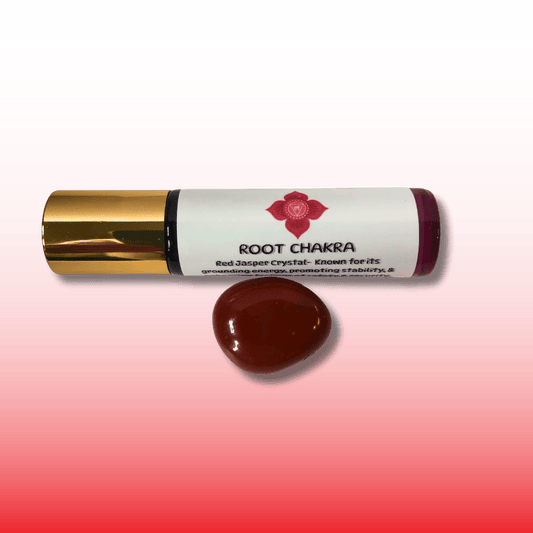 Root Chakra Essential Oil Roller with Red Jasper Crystal for grounding and stability.